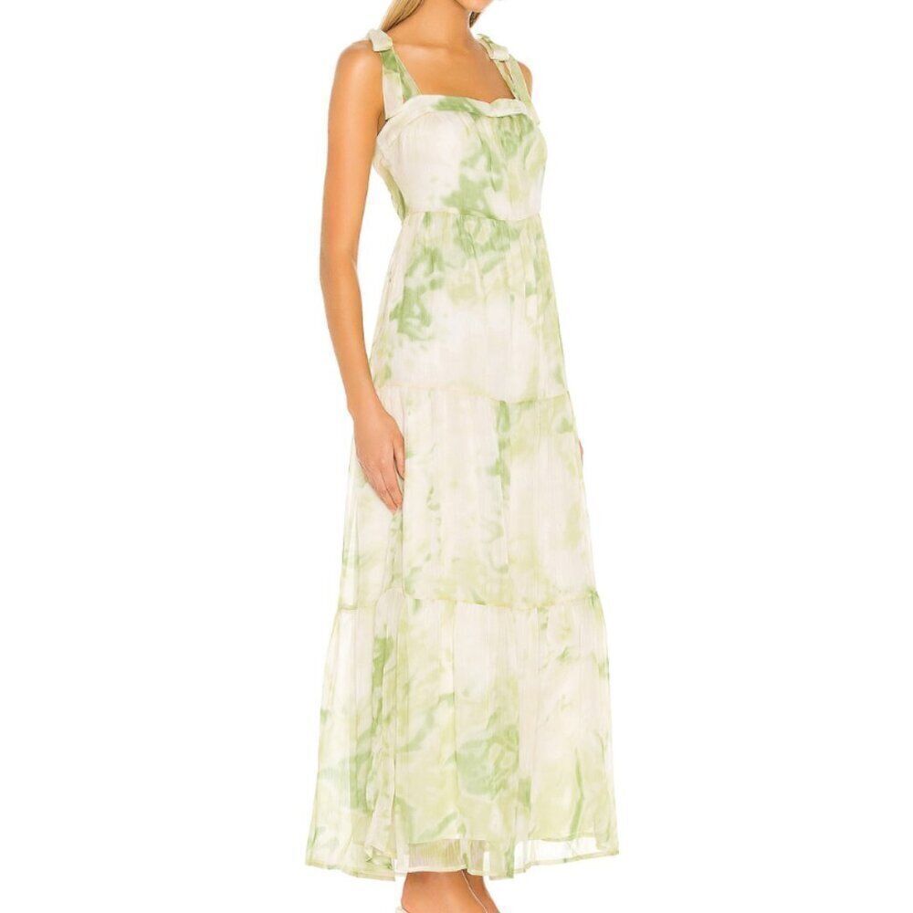 Line & Dot Palm Green Chiffon Tiered Tie Shoulder Maxi Dress Womens Small